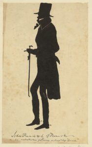 Silhouette of a man in profile wearing a top hat, jacket with tails, tall boots, and carrying a cane.