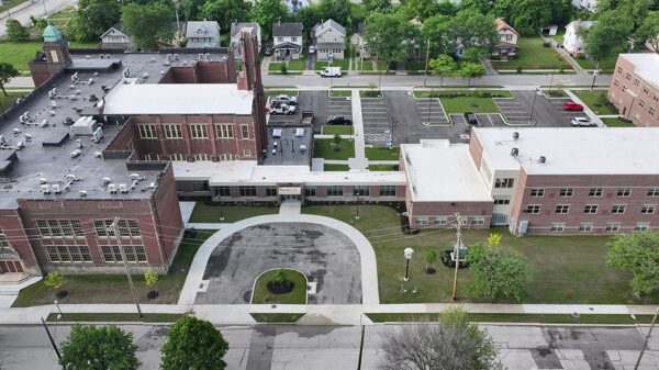 Henry W. Longfellow School exterior after, aerial.