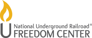 Logo that reads: "National Underground Railroad Freedom Center" with a candle icon.