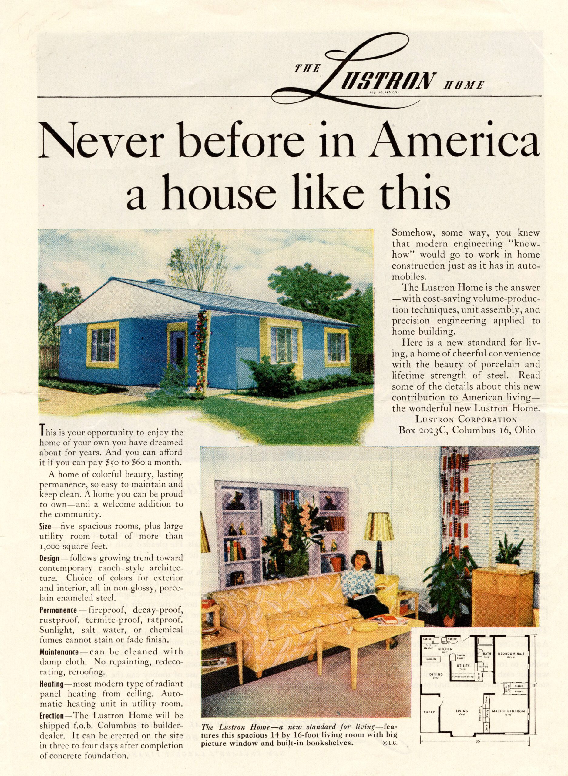 Magazine advertisement for a Lustron home