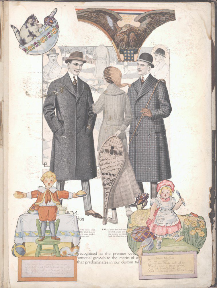 Page from a fashion catalog from the early 1900s, with colorful scrapbook fragments pasted in