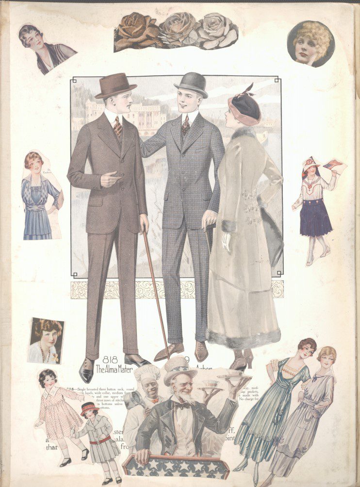 Page from a fashion catalog from the early 1900s, with colorful scrapbook fragments pasted in