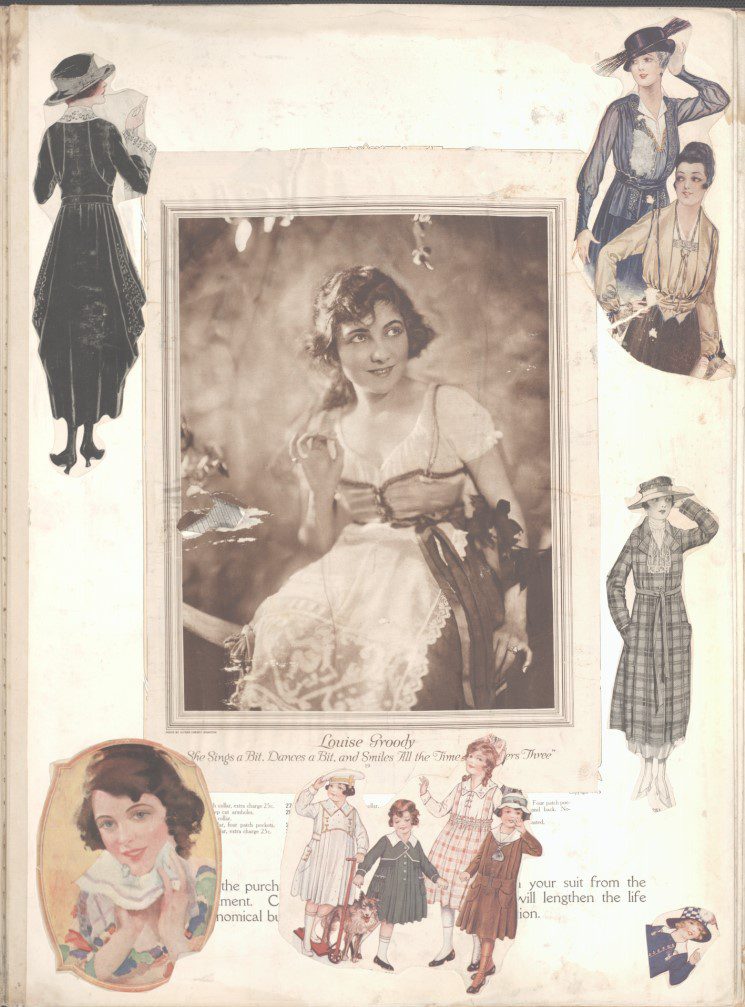 Page from a fashion catalog from the early 1900s, with colorful scrapbook fragments pasted in