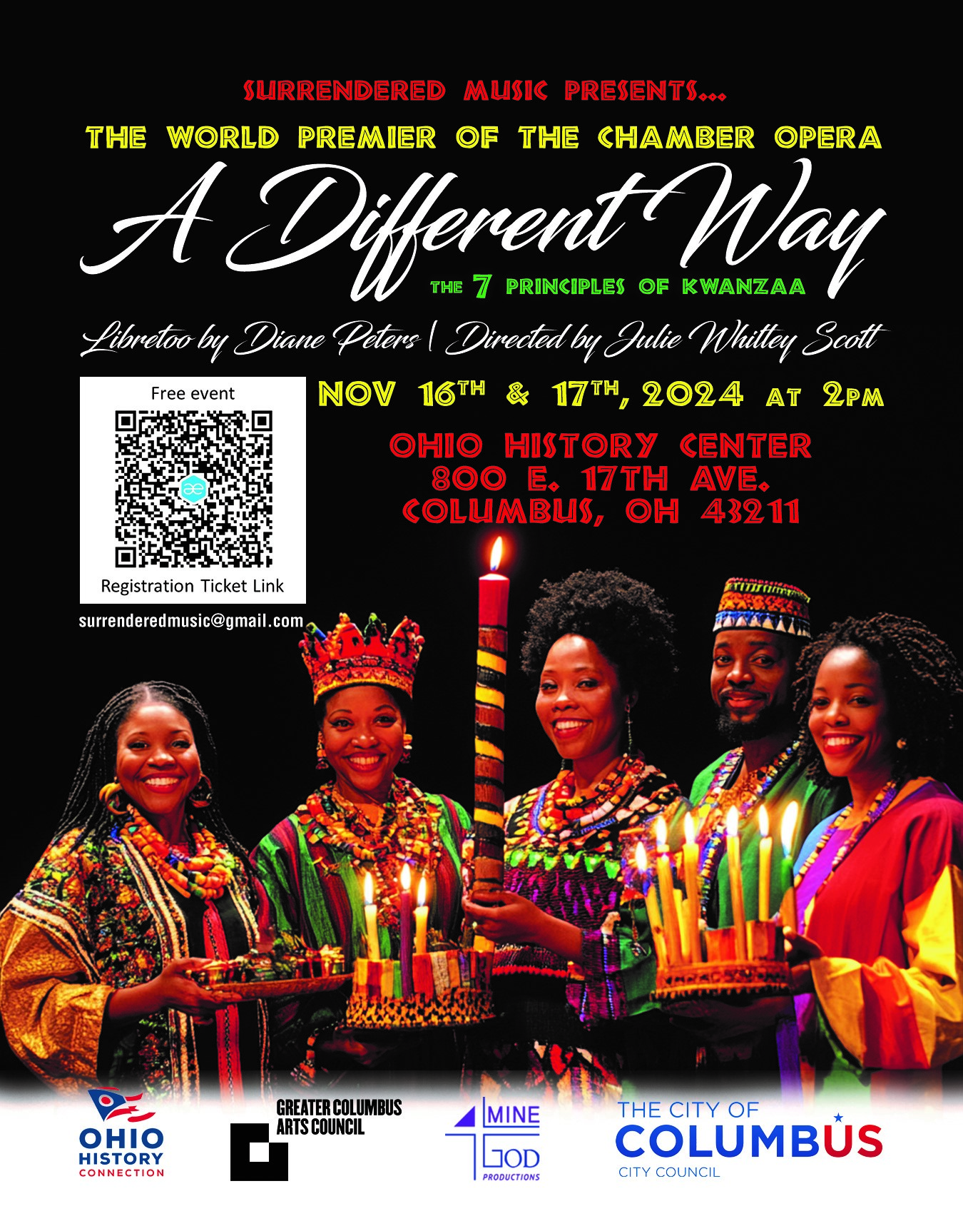 Poster featuring "A Different Way: The 7 Principles of Kwanzaa" cast members and event details, as well as a QR code.