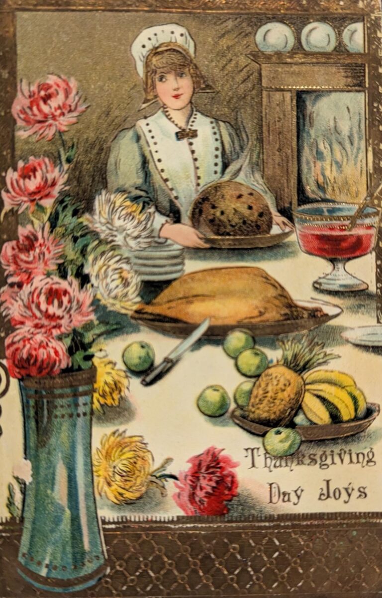 An image of a woman seated at a table. Traditional thanksgiving foods are placed on serving dishes on top of a white tablecloth. The text "Thanksgiving Day Joys" is visible in the bottom right corner.