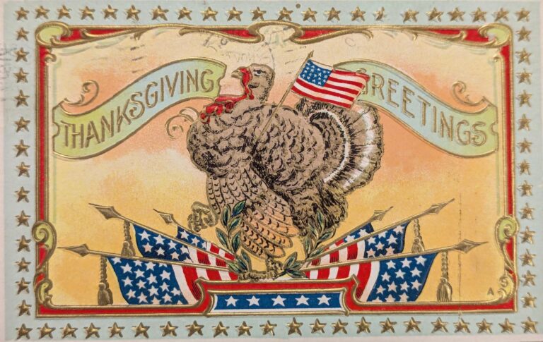 An image of a turkey holding an American Flag. The image is bordered with stars. The words "Thanksgiving Greetings" appear behind the turkey.