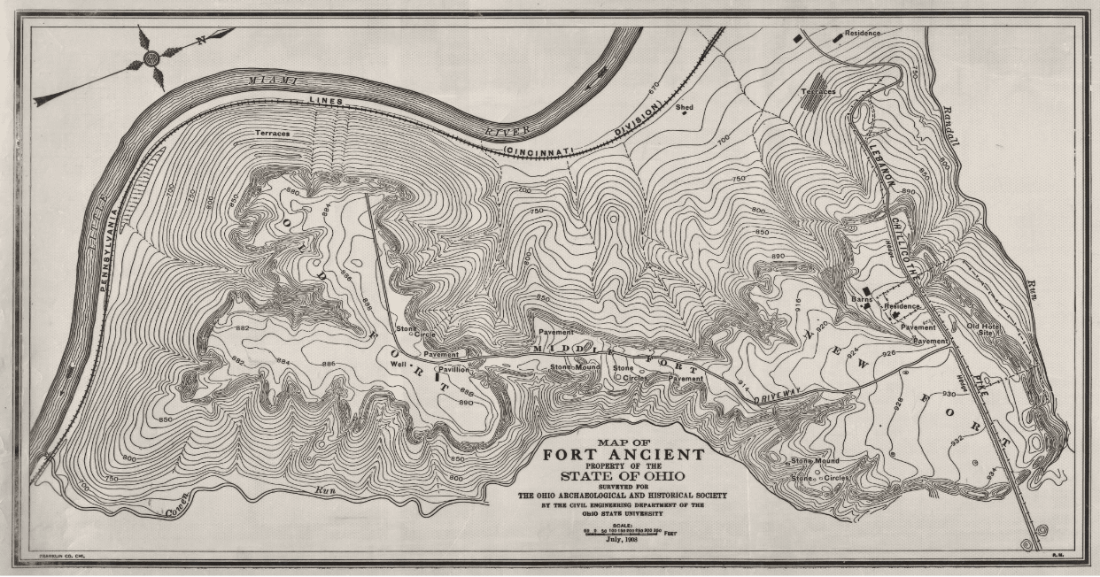 This is a line drawing showing the topography of a hill and earthwork at the top of the hill. The map title reads "Map of Fort Ancient, Property of the State of Ohio, Surveyed by the Ohio Archaeological and Historical Society, 1908"