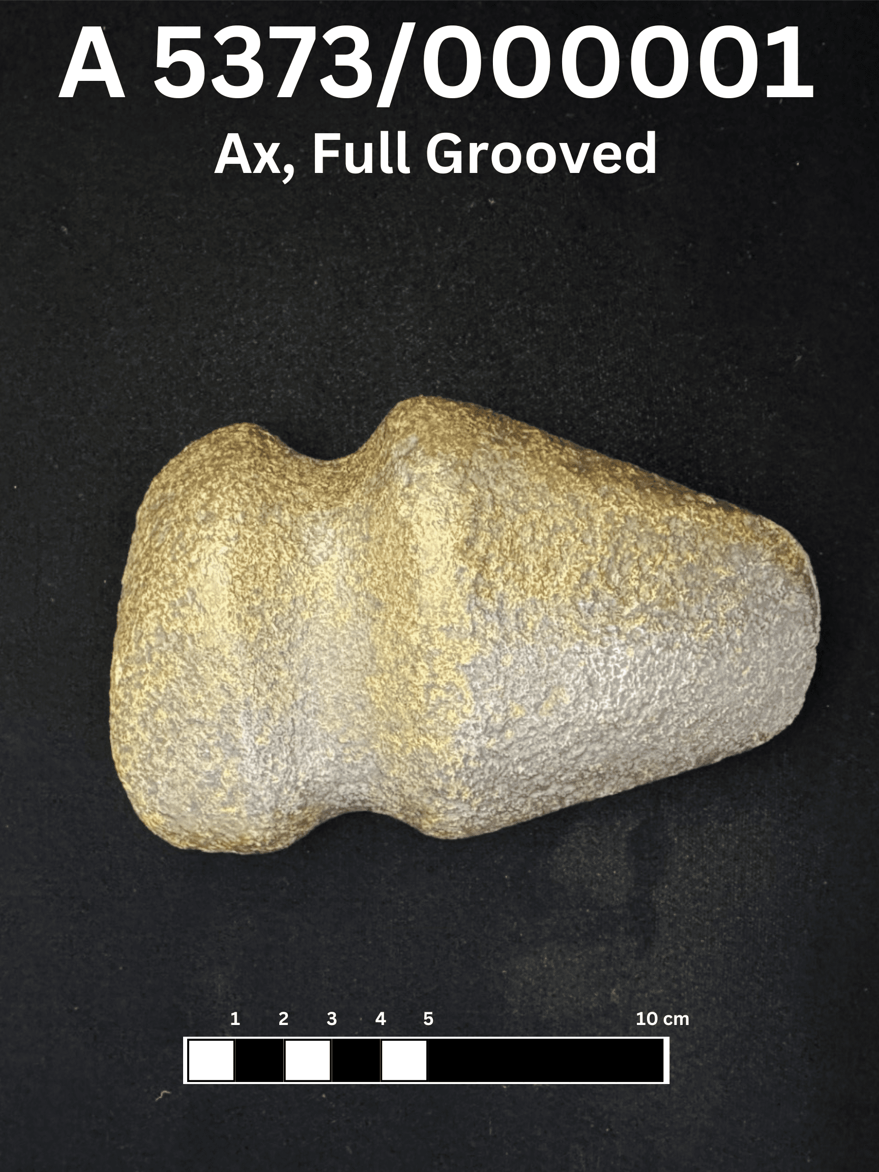 Light brown stone ax, a full groove around its middle, slighlty shiny from river polish