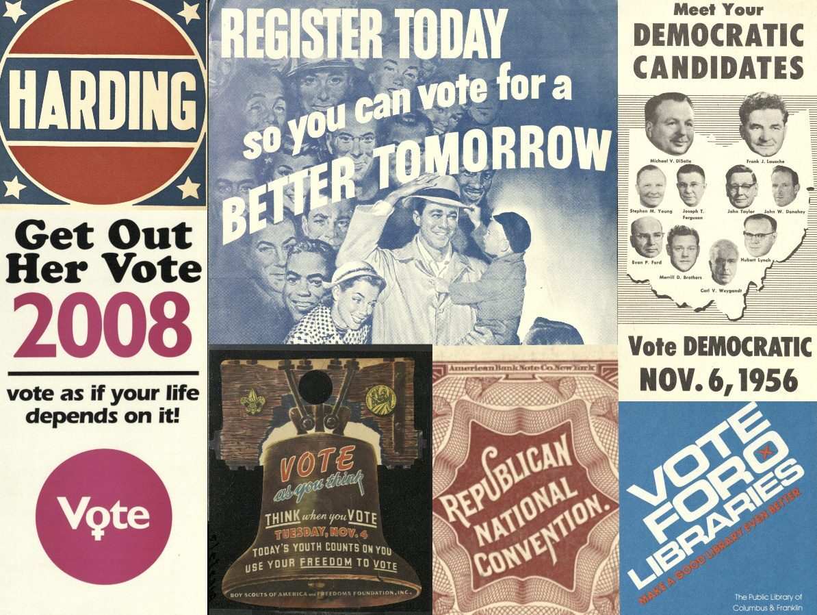 Collage of various political pamphlets, tickets, and fliers