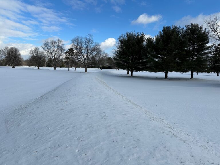 Large earthwork wall going down center of photo covered with snow. Trees in the background